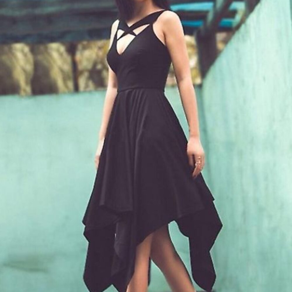 Sleeveless Black V Neck High Waist Asymmetrical Fairy Hem Dress Goth NAT1